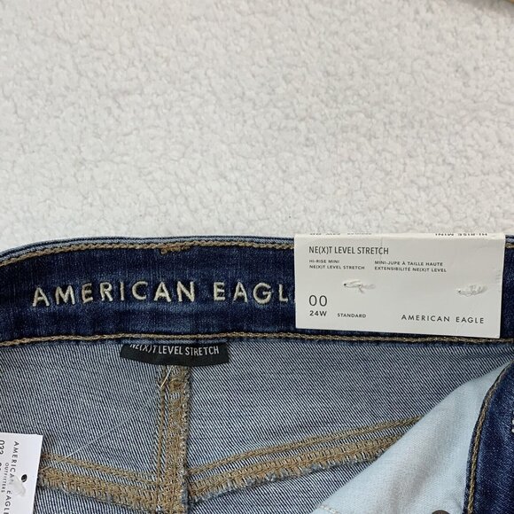 NTW American Eagle Y2K Distressed Denim High Rise Mini Skirt Size 24 Blue $45 - Picture 7 of 10